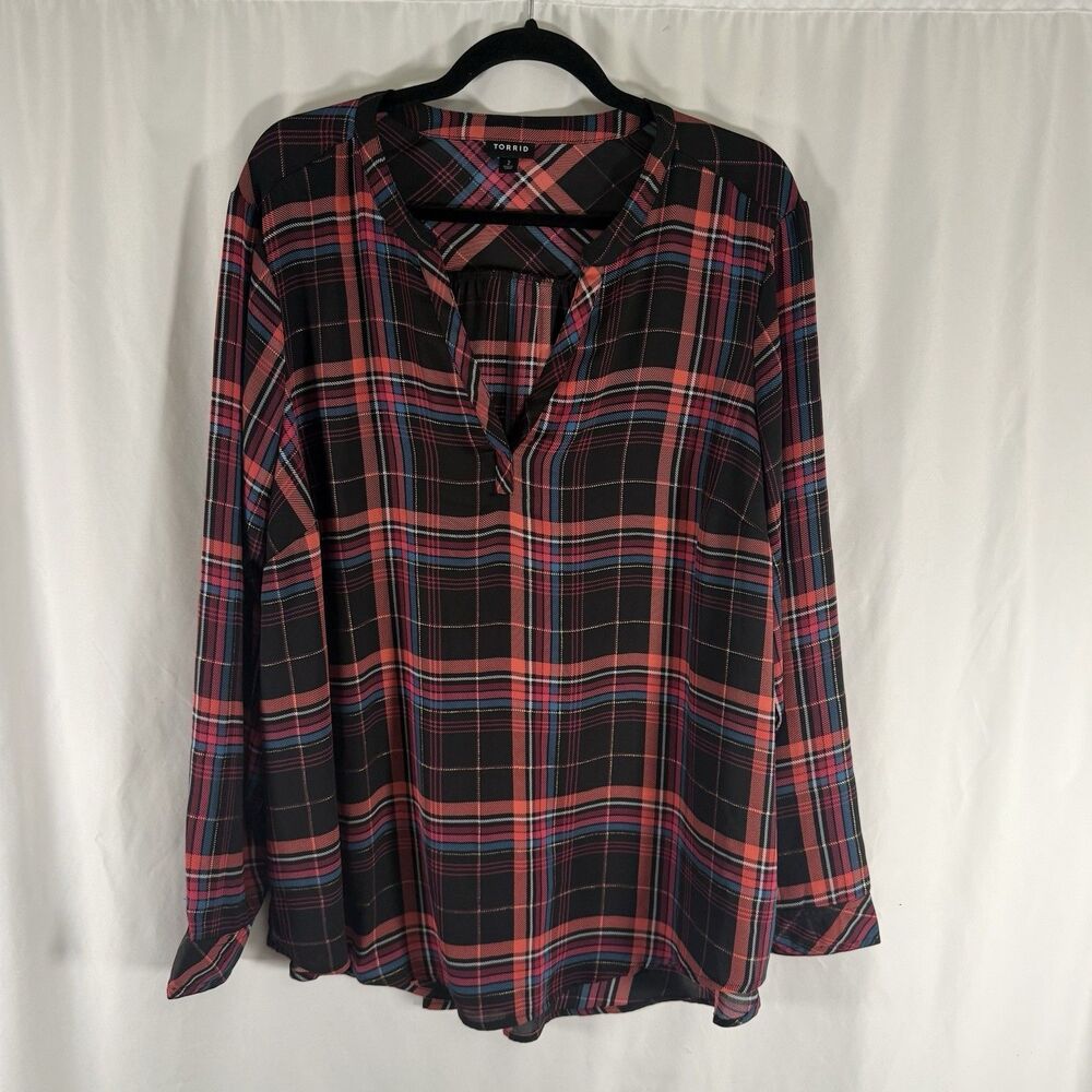 Torrid Blouse Women's 2 2X Red Black Plaid Vneck Long Sleeve Semi Sheer - Picture 1 of 10